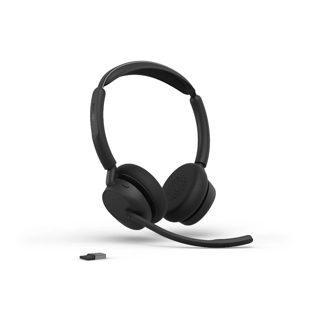 Jabra Evolve3 45 UC - Headset - på örat - Bluetooth - trådlös, kabelansluten - aktiv brusradering - USB-A via Bluetooth-adapter, USB-C - MFi-certifierad, Microsoft Swift Pair-certifierad, Optimerad för UC, Works With Chromebook Certified, Works With Google Meet, Zoomcertifierad, Google Fast Pair-certifierad