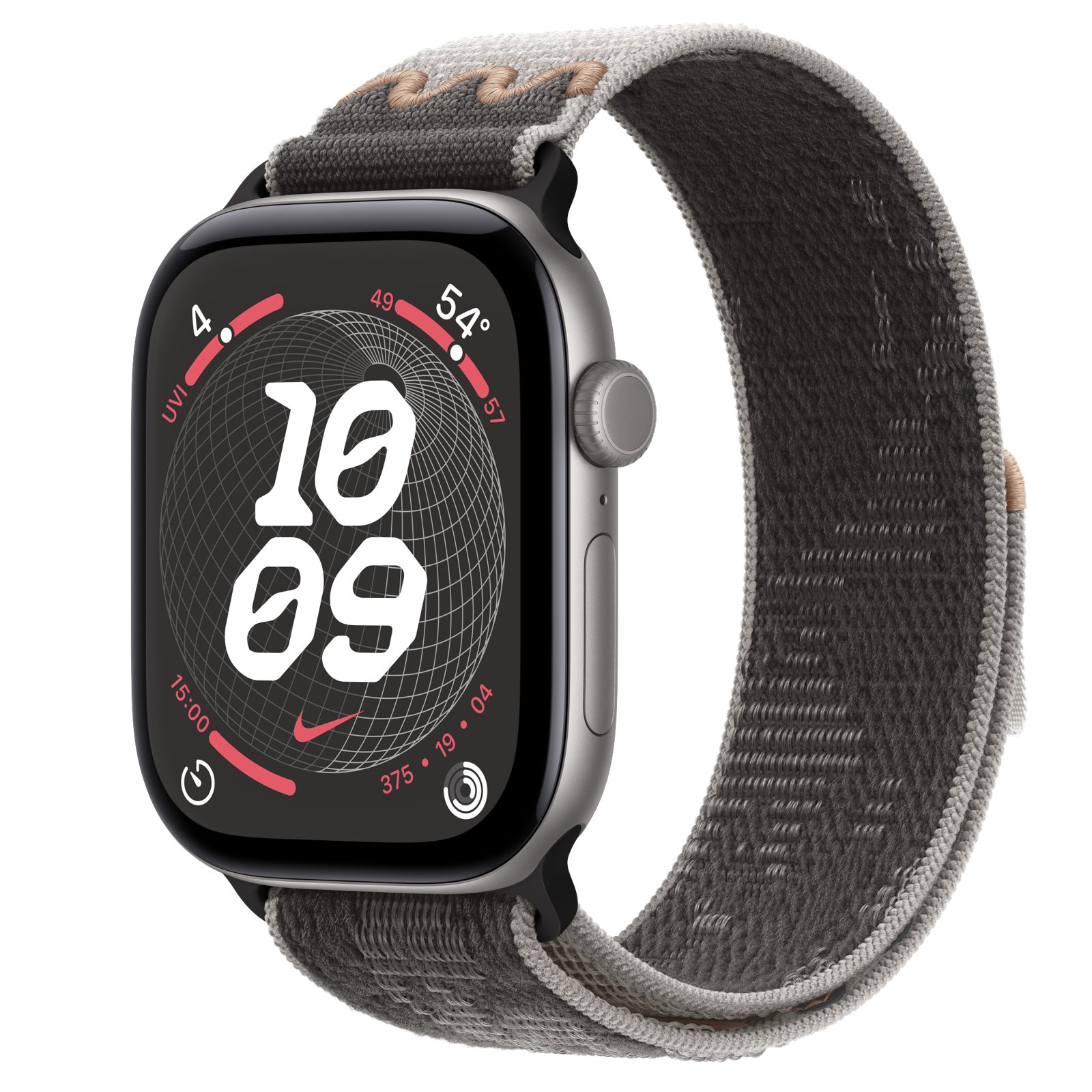 Apple Watch Series 12 (GPS) • Aluminiumboett rymdgrå, 46 mm • Nike-sportloop i Pavement Grey