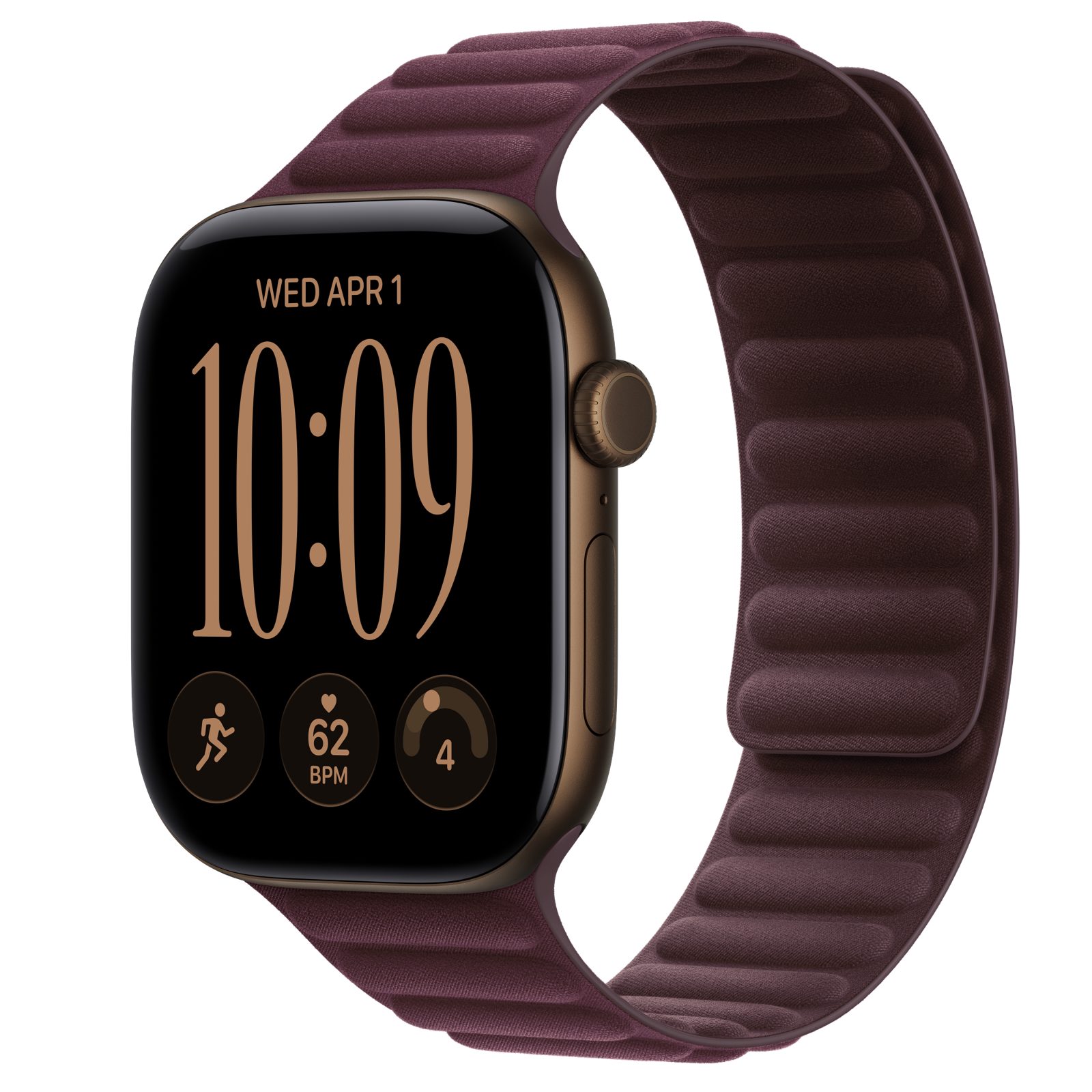 Apple Watch Series 12 (GPS + Cellular) • Aluminiumboett mörk brons, 46 mm • Magnetlänk bourgogne