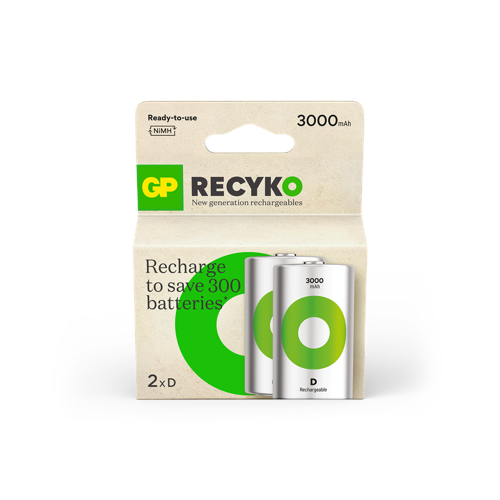GP - ReCyko Rechargeable Battery, Size D, 3000 mAh, 1.2V (2-pack)