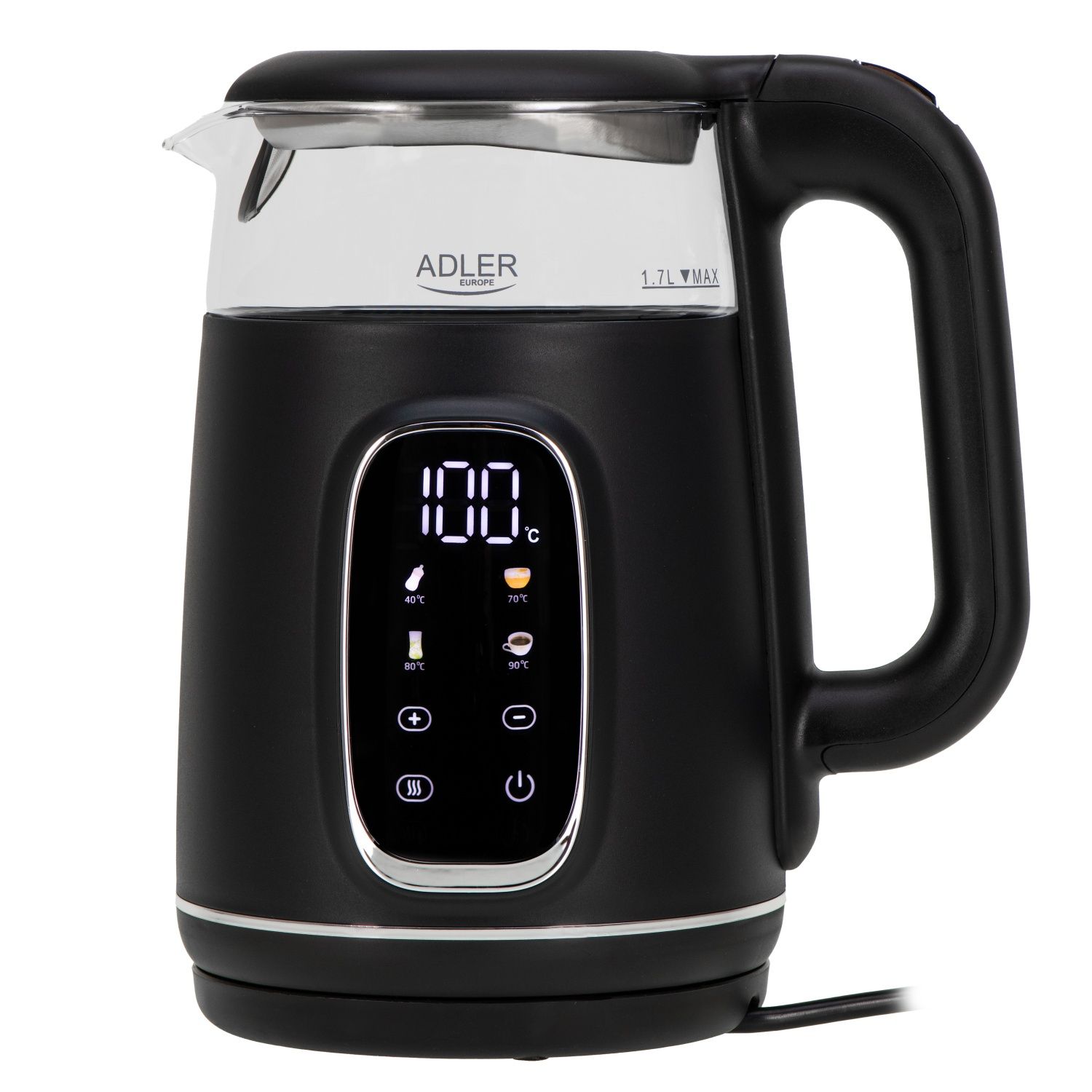 Adler AD 1305BS vattenkokare 1,7 L 2200 W temperaturkontroll, svart/silver