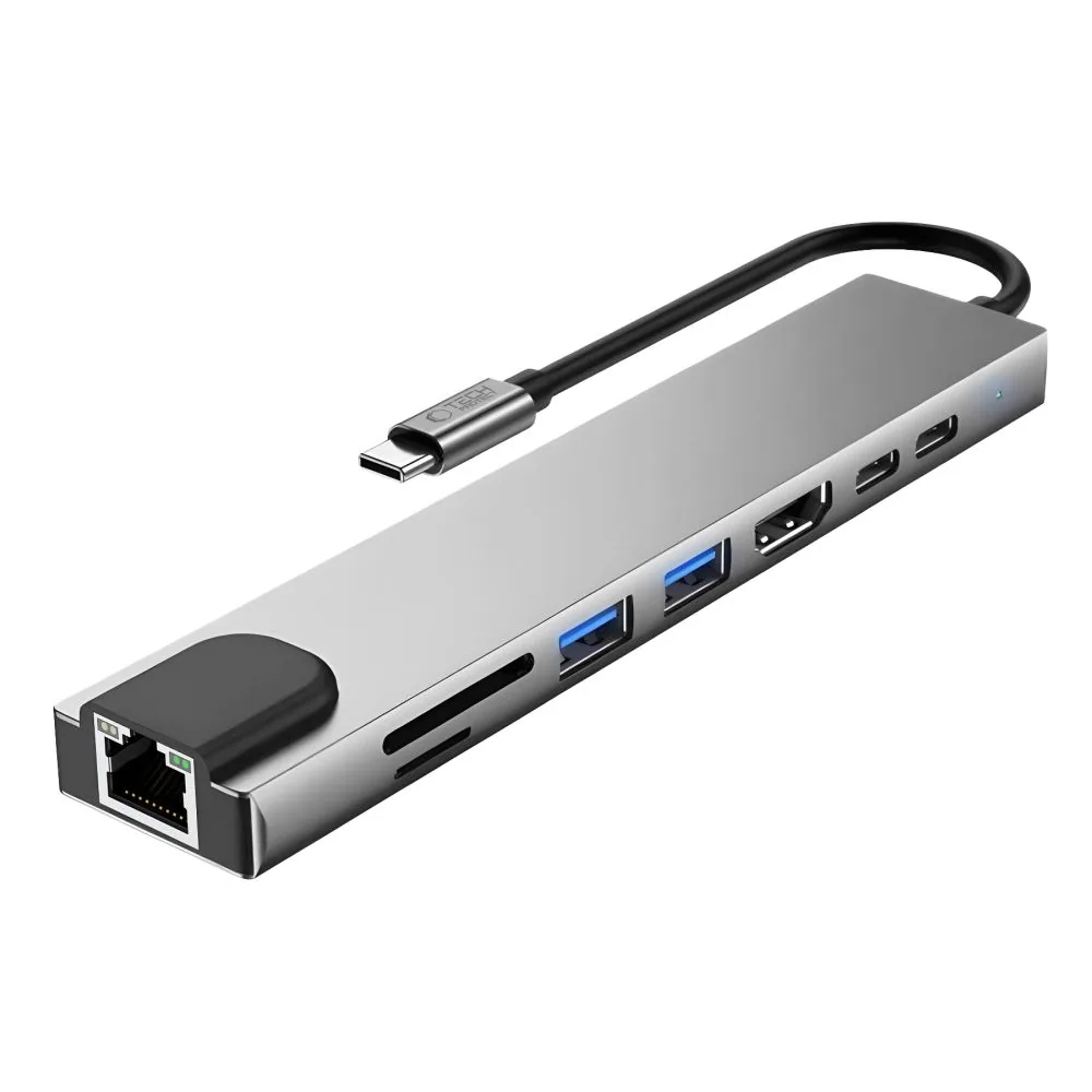 Tech-Protect HB09 USB-hubb 8-i-1: USB-C/USB-A 3.0, HDMI 4K 60Hz, SD/TF, PD 100W, RJ45 – grå, bild 2