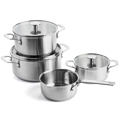 KitchenAid - Stainless Steel Sheet Frypan 4pcs Set: Casserole with Lid 16-20-24cm + Open Saucepan 16cm - Silver