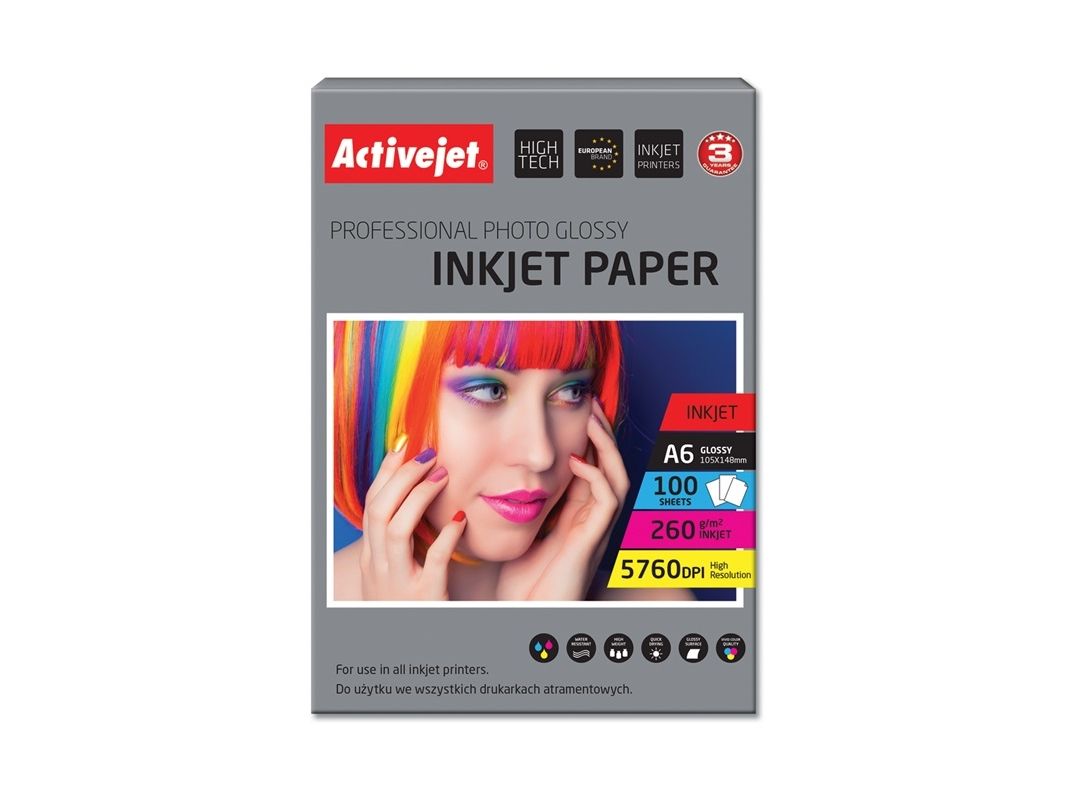 Activejet AP6-260GR100, Vit, Glansigt, 260 g/m ^, Bläckstråleskrivare, A6, Harts