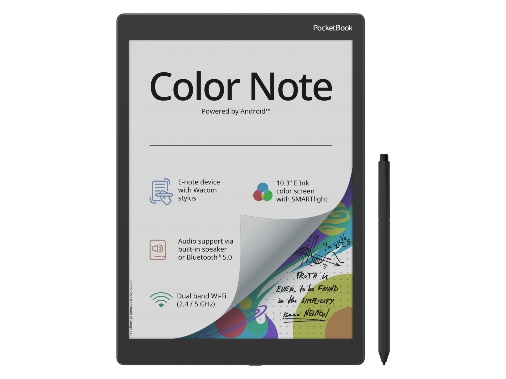 PocketBook Color Note, 26,2 cm (10.3), E Ink Kaleido, 1404 x 1872 pixlar, ACSM, AZW, AZW3, CBR, CBZ, CHM, DOC, DOCX, DjVu, EPUB, EPUB DRM, FB2, FB2.ZIP, HTM, HTML, MOBI,..., MP3, OGG, BMP, JPEG, PNG