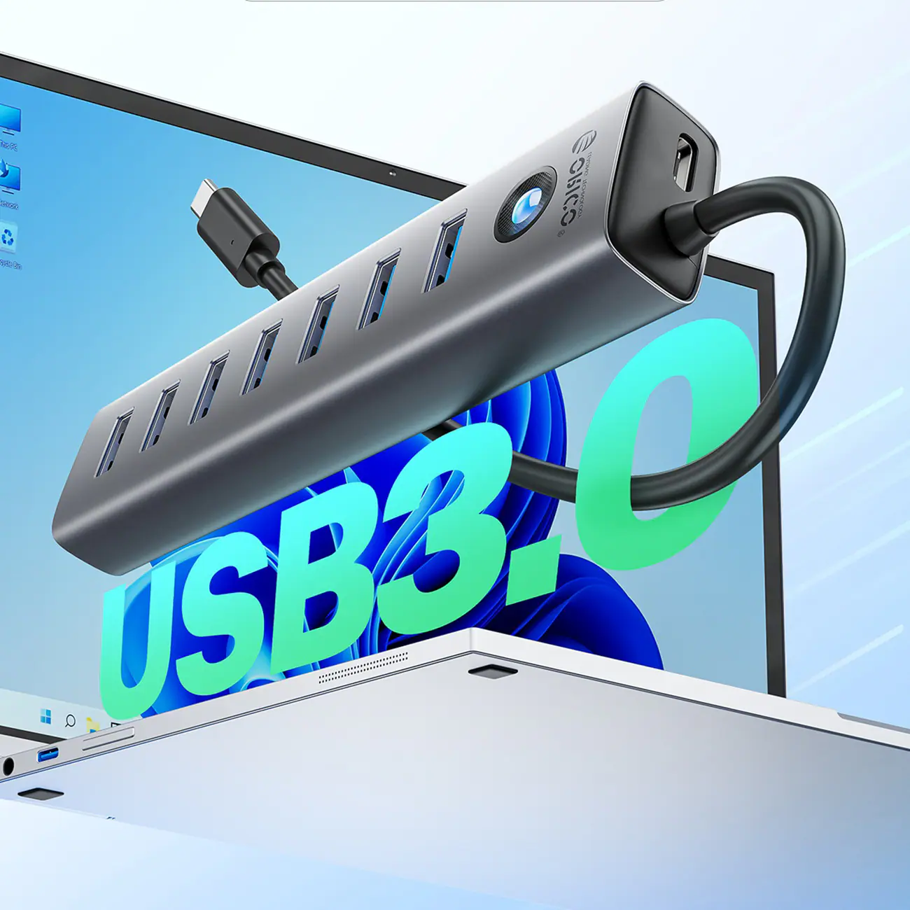 Orico USB-A Hub 7x USB-A 3.0 / USB-C 5V-3A, 1m - Grå, bild 3