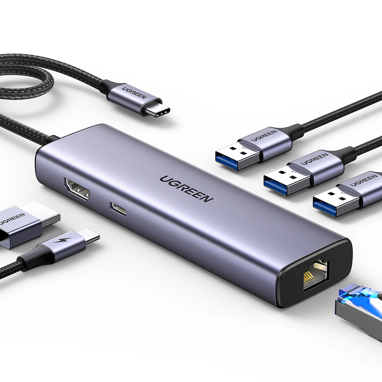Ugreen - Hubb - 6-i-1 USB C, 4K - 3 x SuperSpeed USB 3.0 + 1 x USB-C (strömleverans) + 1 x 10/100/1000 + 1 x HDMI - skrivbordsmodell