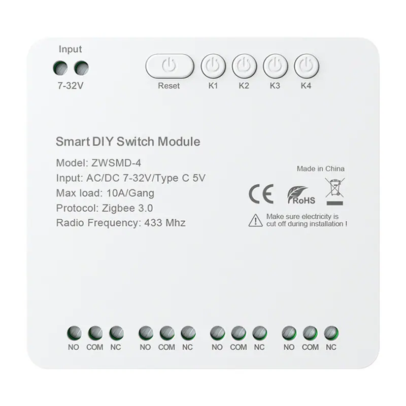 4-kanals ZigBee-strömbrytarmodul med spänningsfri DC 32V-kontakt Avatto ZWSMMD-4-32V