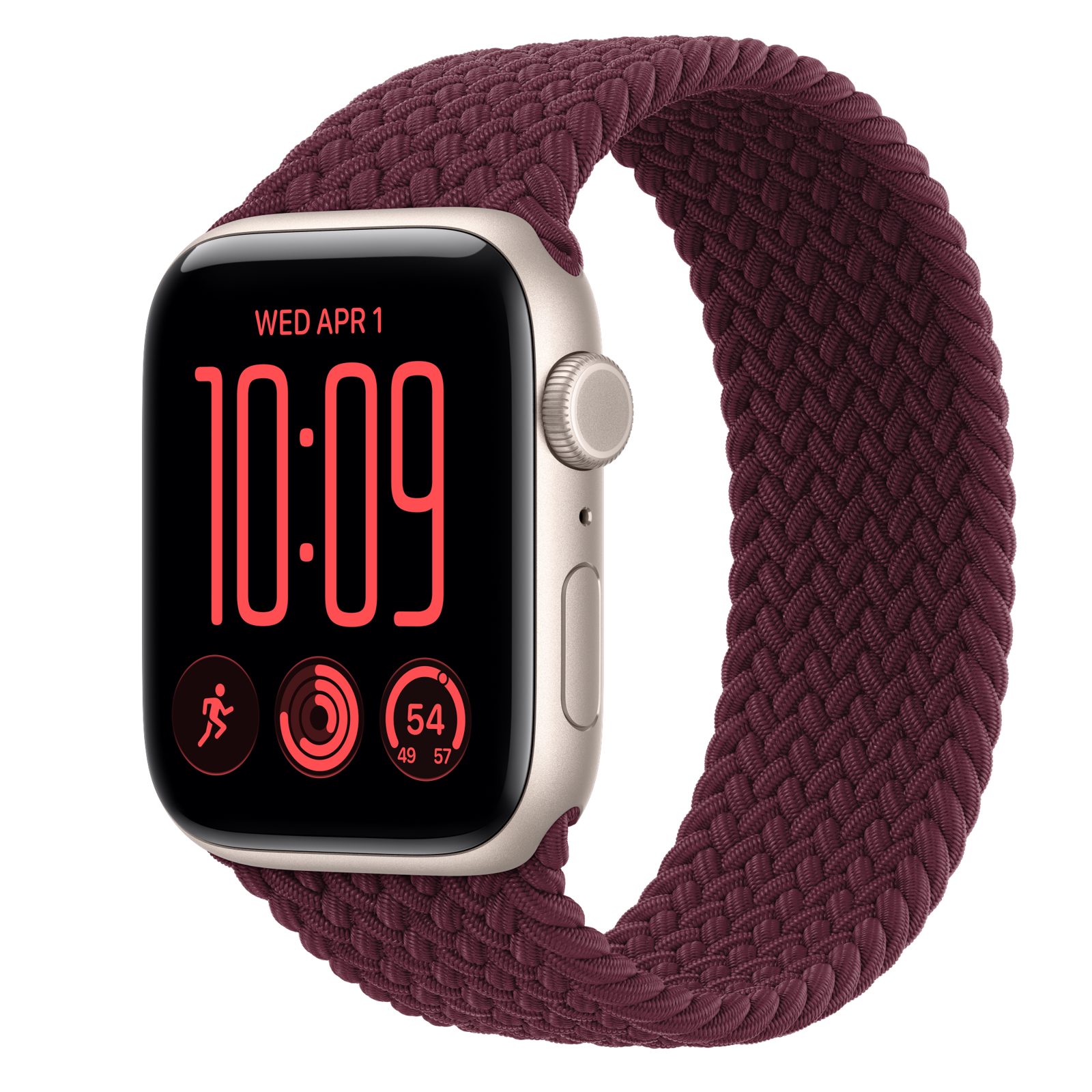 Apple Watch SE 3 (GPS + Cellular) • Aluminiumboett stjärnglans, 44 mm • Flätad sololoop bourgogne