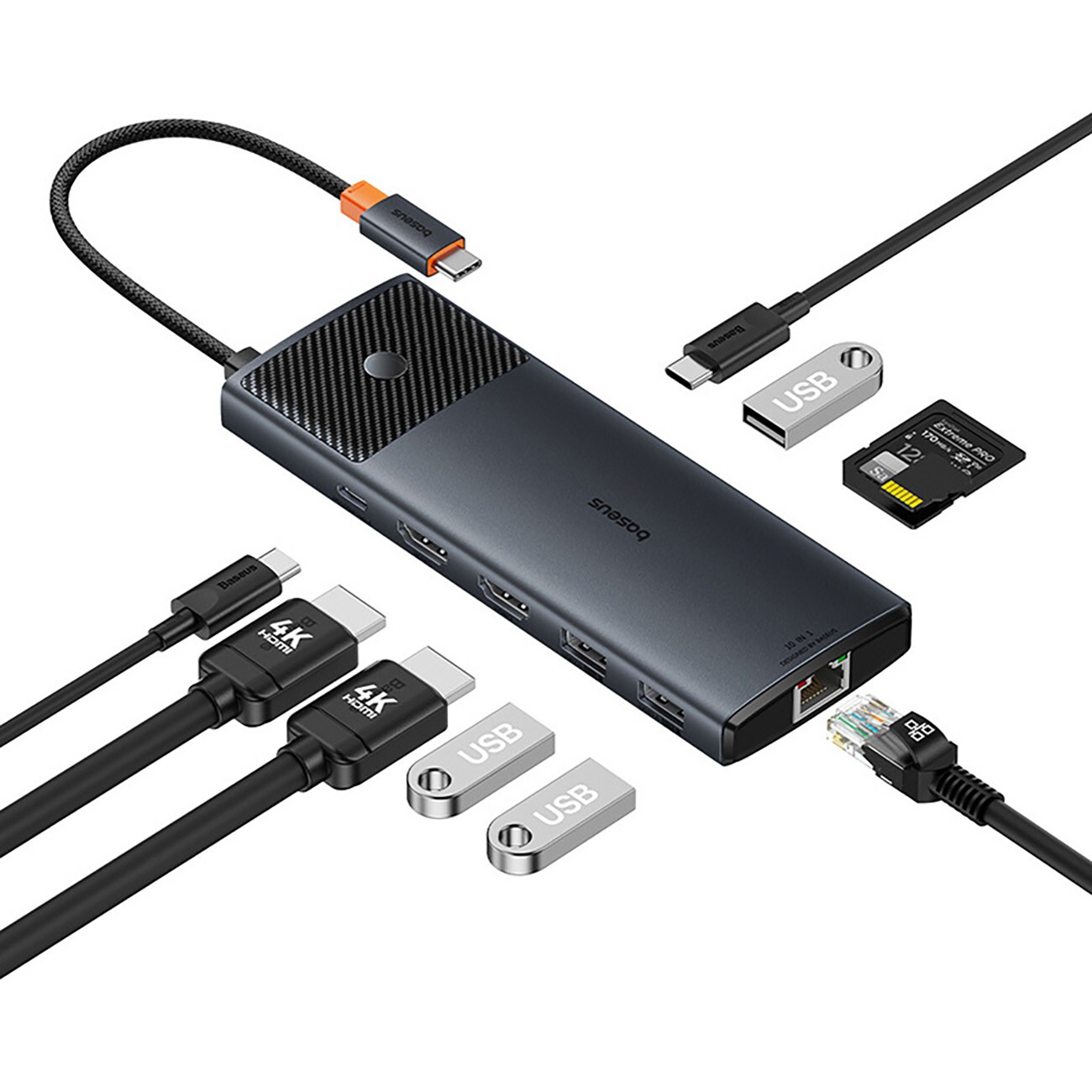 Baseus Metal Gleam II 10-i-1 HDMI, USB-A, USB-C, RJ45, SD/TF-hub – grå, bild 5
