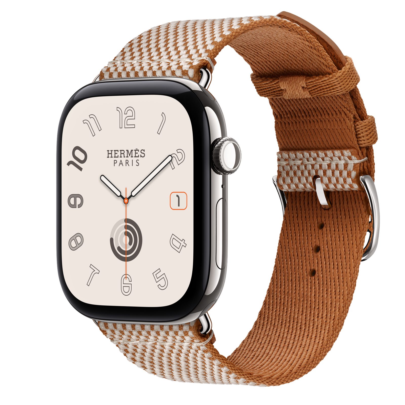Apple Watch Hermès Series 12 (GPS + Cellular) • Titanboett silver, 46 mm • Toile H Simple Tour i Gold/Écru