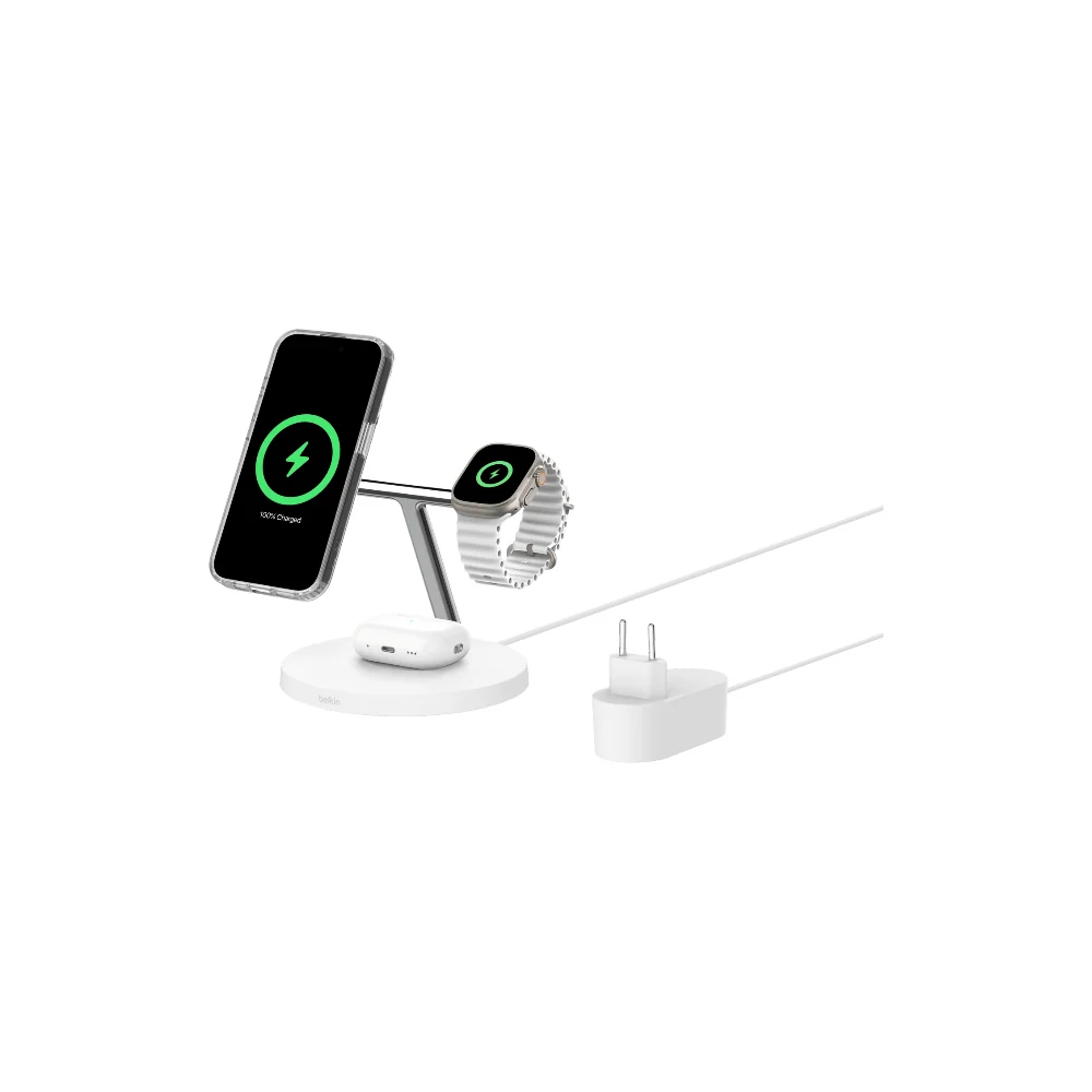 Belkin BoostCharge Pro 3-i-1 Qi2 trådlöst laddningsställ, vit