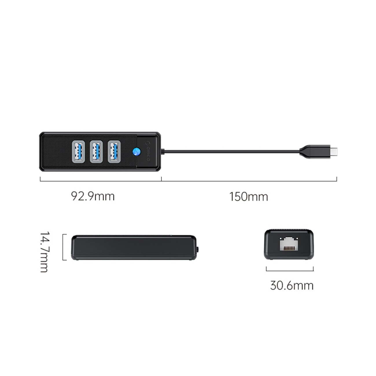 Orico PW3UR25-C3 USB-hubb med 4 portar: 3 x USB-A 3.0 och 1 x RJ45 2,5 G Ethernet, 0,15 m – svart, bild 3