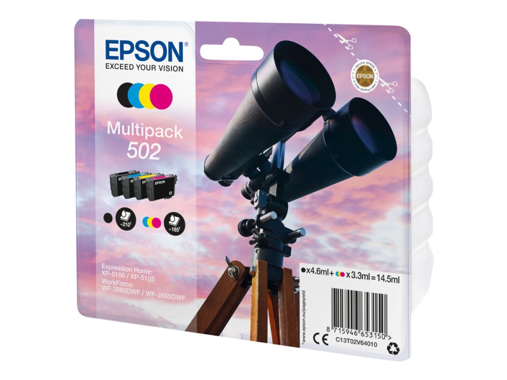 Epson 502 Multipack - 4-pack - 14.5 ml - svart, gul, cyan, magenta - original - blister med RF-larm/akustiskt larm - bläckpatron - för Expression Home XP-5100, XP-5150 WorkForce WF-2860, WF-2865DWF, WF-2885DWF