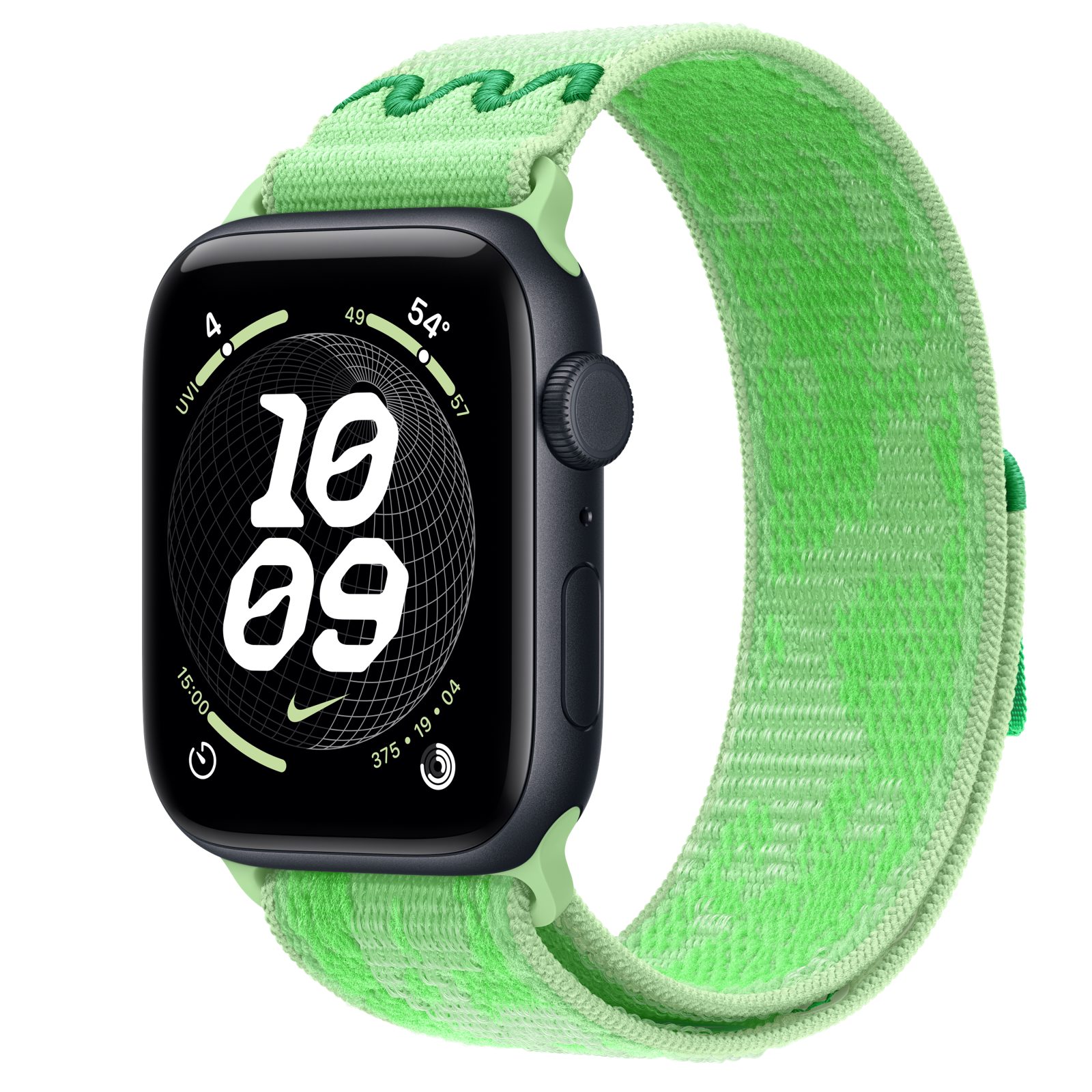 Apple Watch SE 3 (GPS + Cellular) • Aluminiumboett midnatt, 44 mm • Nike-sportloop i Green Spark
