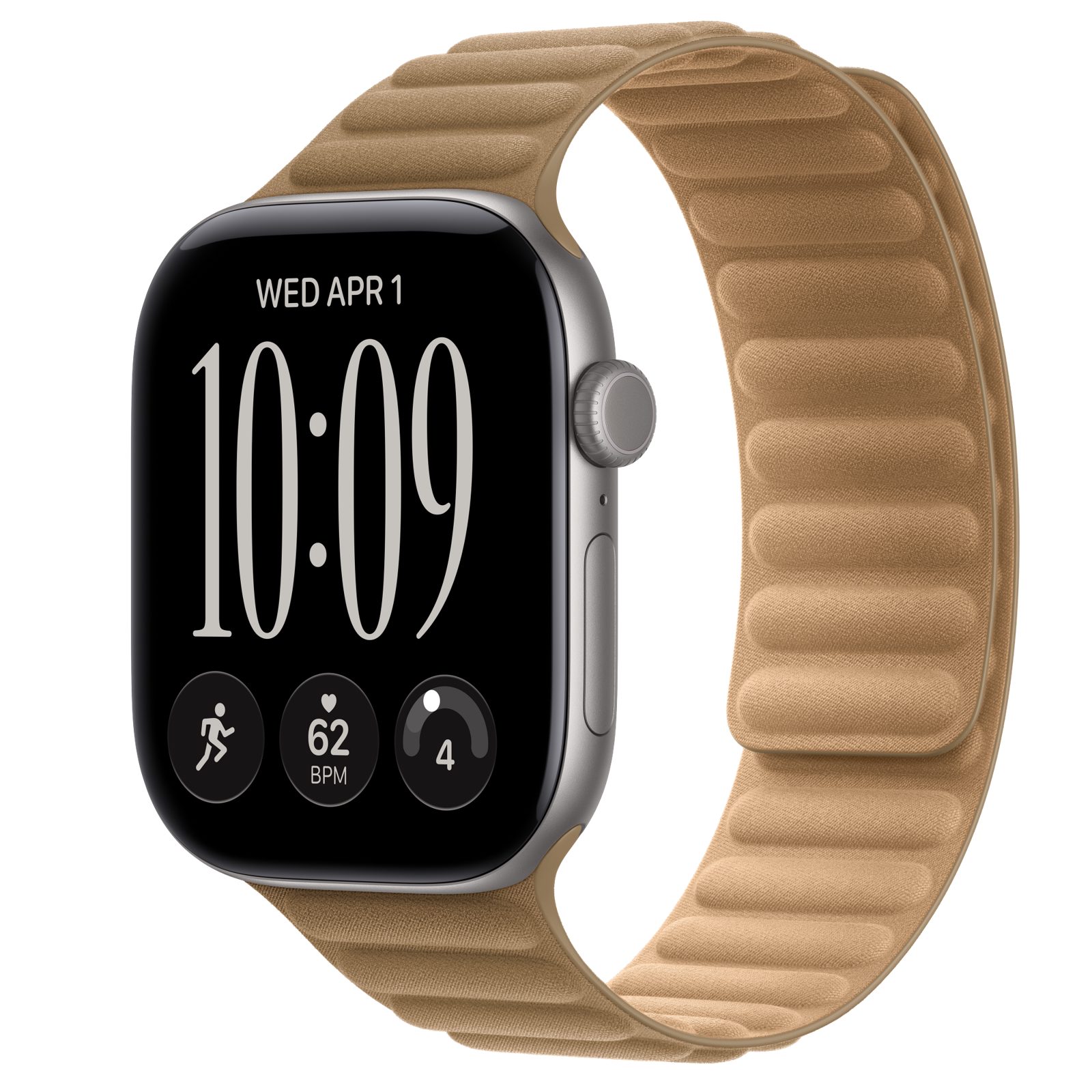 Apple Watch Series 12 (GPS) • Aluminiumboett rymdgrå, 46 mm • Magnetlänk kamelbrun