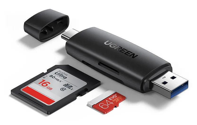 USB + USB-C-adapter UGREEN CM304 SD + microSD-kortläsare (svart)
