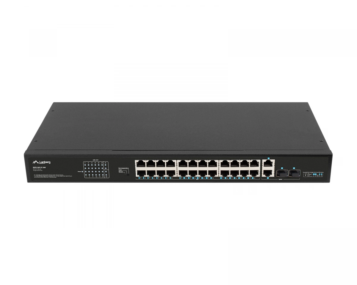 Lanberg Nätverksswitch 24-portar, 100MB POE+/2X COMBO RACK 19” (1000 Mbps, Max 360W)