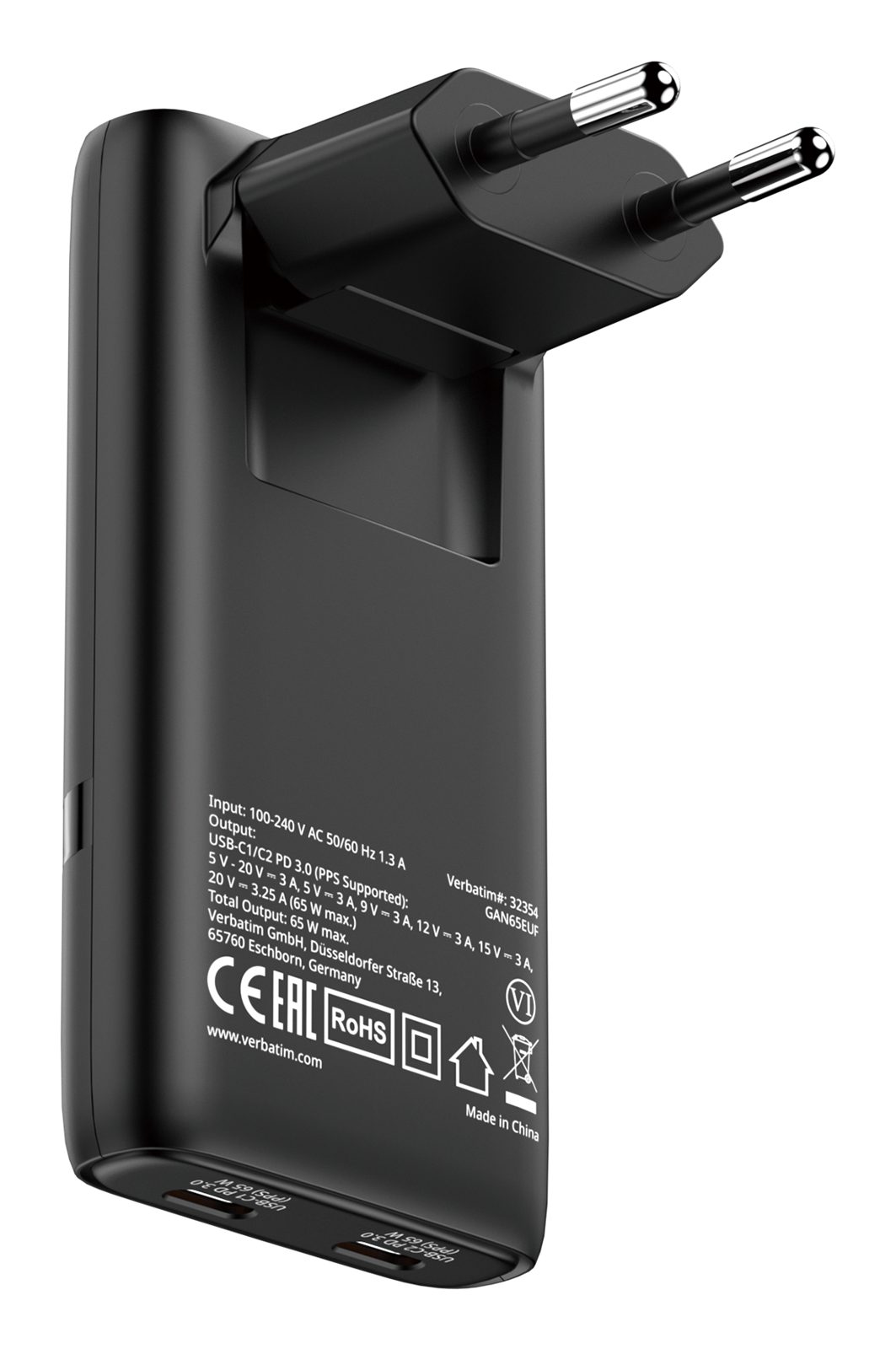 Väggladdare Verbatim Fold 'n' Go GaN Charger 65W, 2xUSB-C - Svart, bild 4