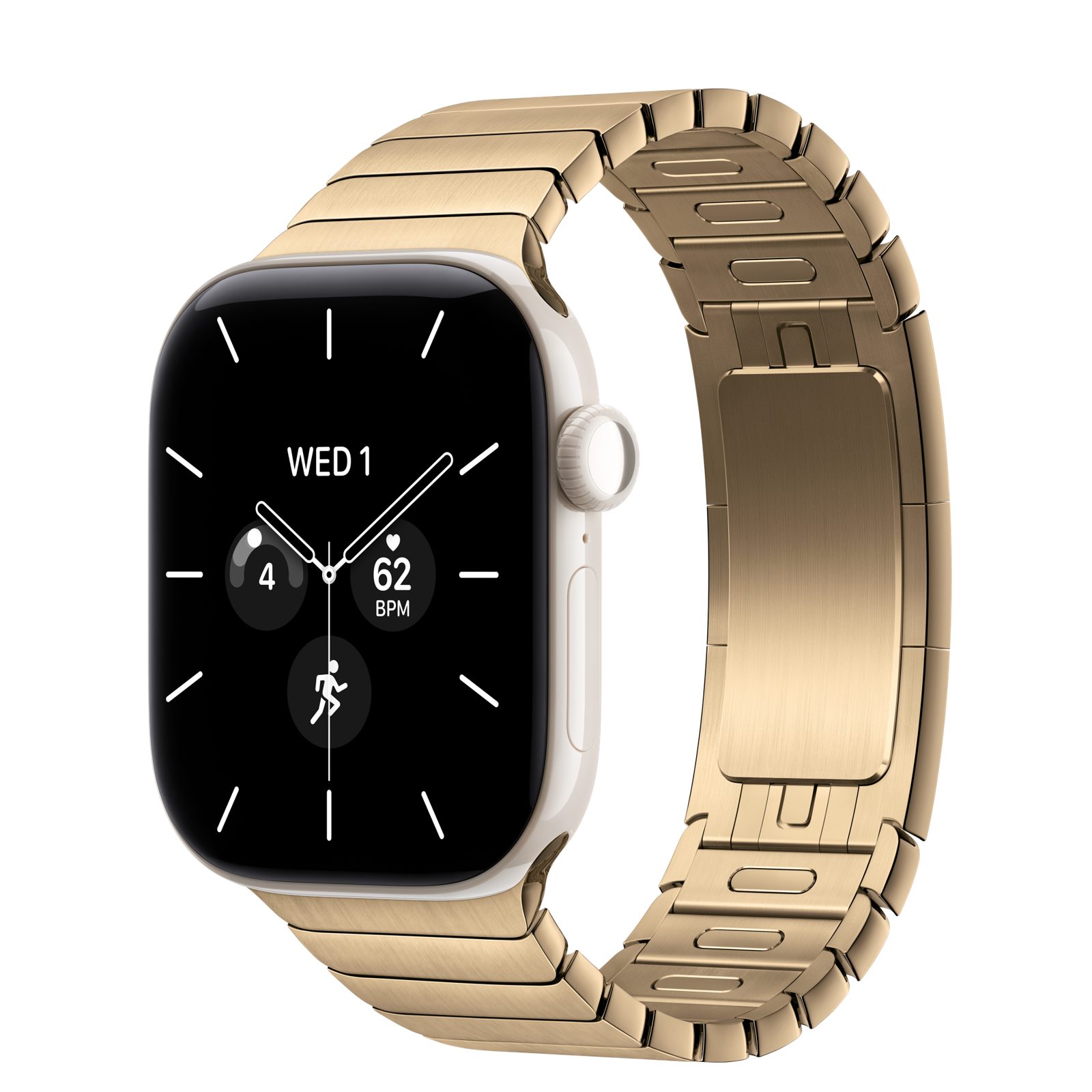 Apple Watch Series 12 (GPS + Cellular) • Keramikboett pärlvit, 42 mm • Länkarmband skinande guld