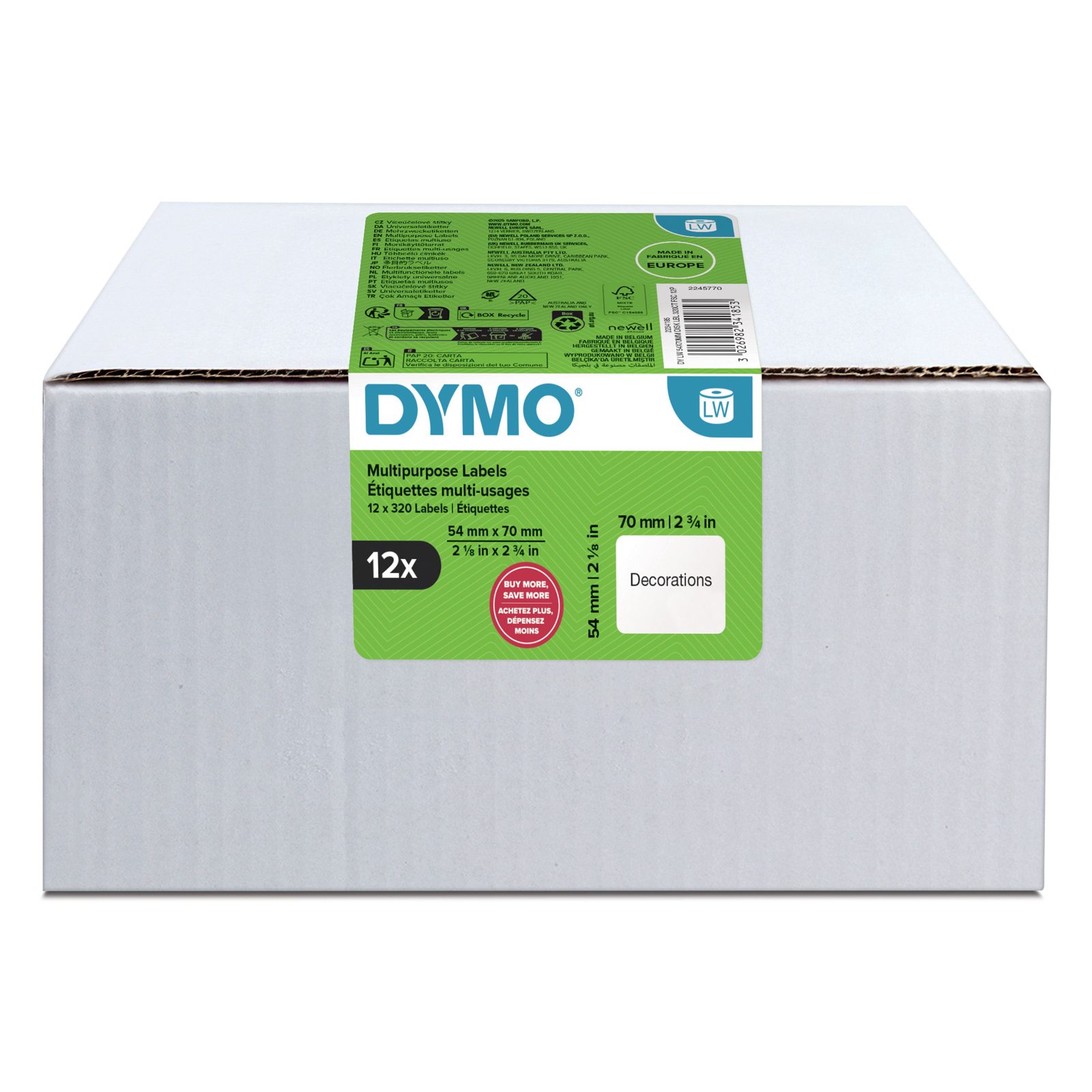 DYMO 2234185 etikettrullar 54,0 x 70,0 mm, 12 x 320 etiketter, vit