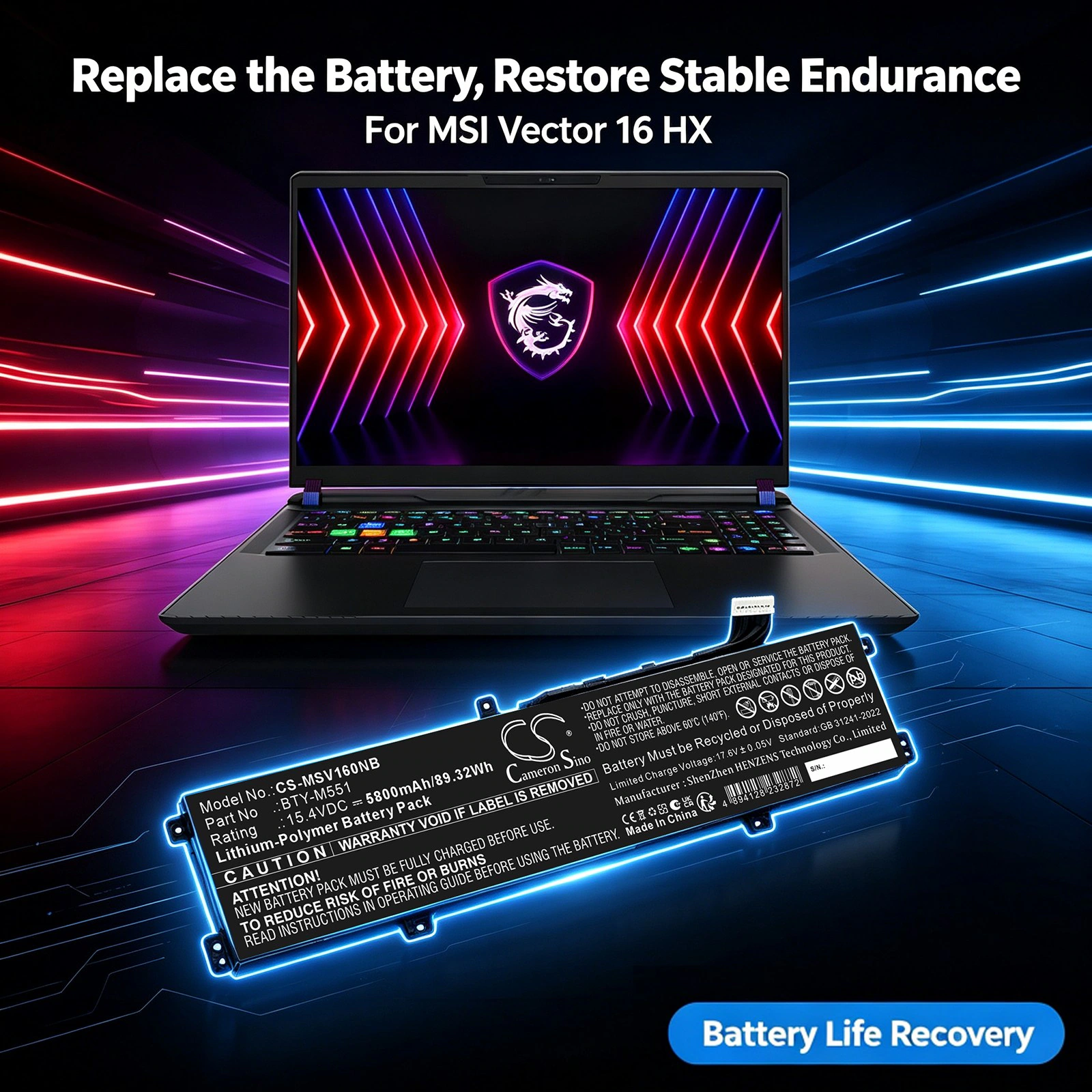Batteri till Laptop, Bärbar dator för MSI Vector 16, Vector 16 HX m.fl.