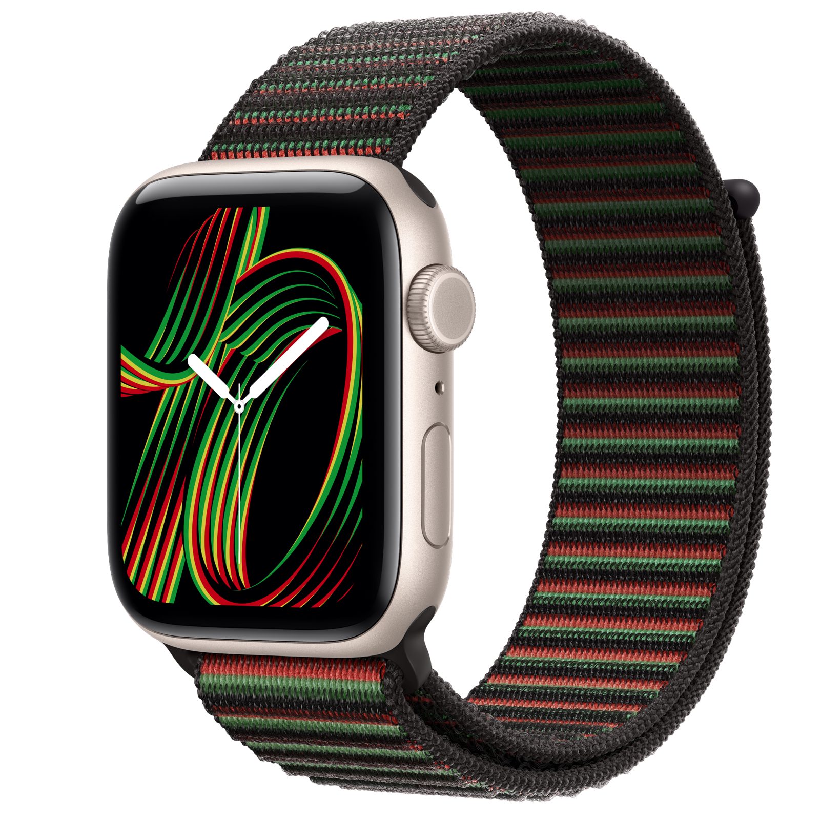 Apple Watch SE 3 (GPS + Cellular) • Aluminiumboett stjärnglans, 44 mm • Sportloop Black Unity – Unity Rhythm
