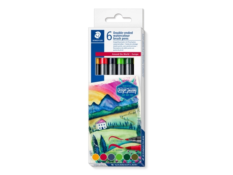 STAEDTLER dubbla fiberpennor Europa, ask med 6 st, 2 spetsar, linjebredd: 1,0 - 6,0 mm / 0,5 - 0,8 mm, - 1 st (3001 C6-1)