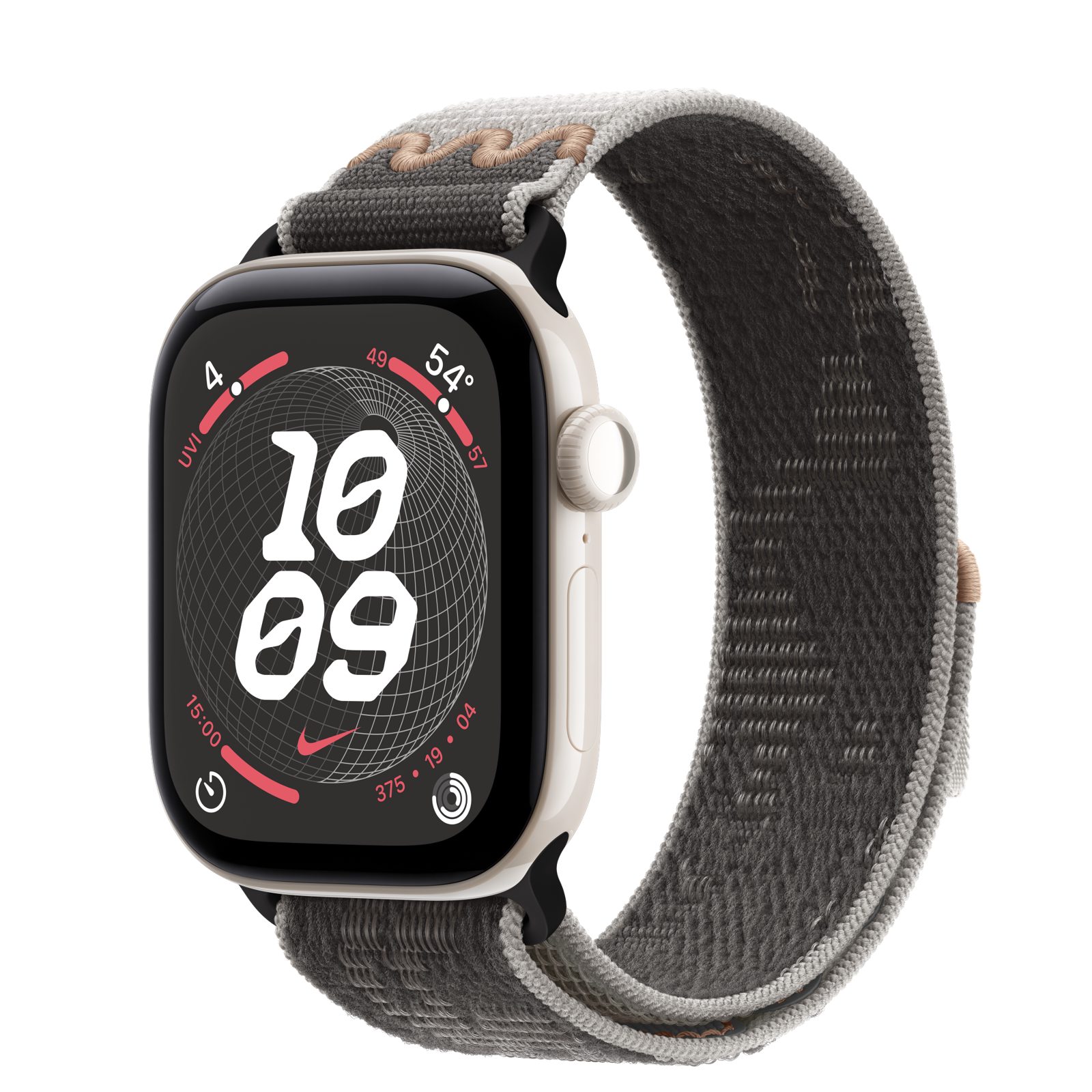 Apple Watch Series 12 (GPS + Cellular) • Keramikboett pärlvit, 42 mm • Nike-sportloop i Pavement Grey