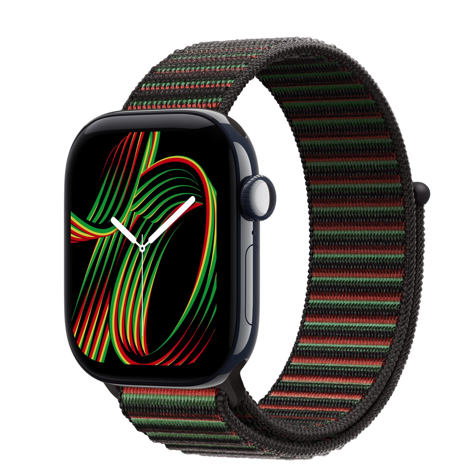 Apple Watch Series 12 (GPS + Cellular) • Keramikboett nattblå, 42 mm • Sportloop Black Unity – Unity Rhythm