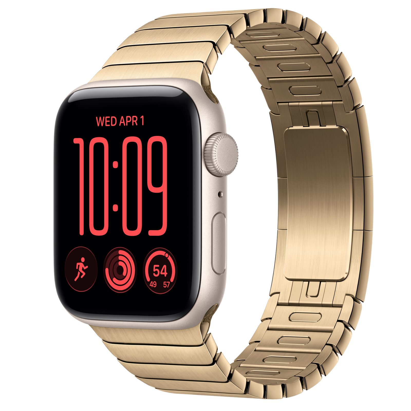 Apple Watch SE 3 (GPS) • Aluminiumboett stjärnglans, 44 mm • Länkarmband skinande guld