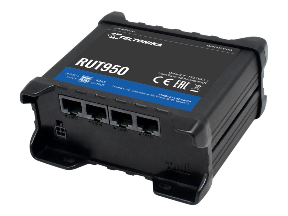 Teltonika RUT950 industrirouter Dual SIM LTE, 4-portars switch, WiFi 2.4 GHz