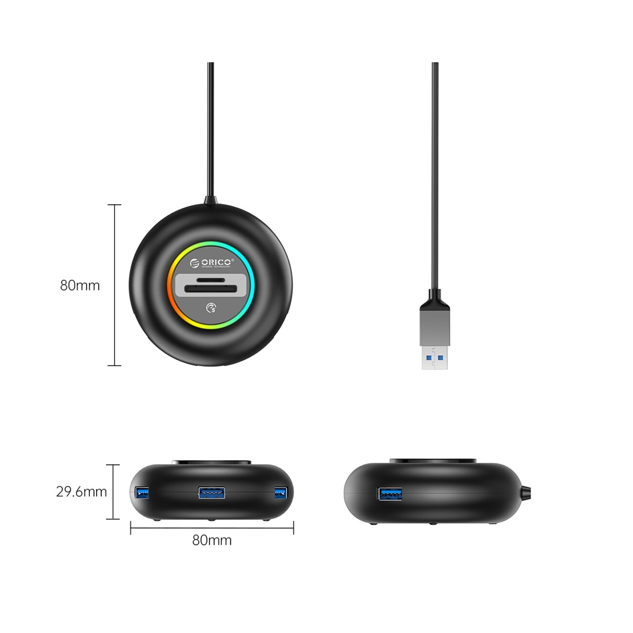 Orico YXR5-U3 RGB USB-hubb med 4 USB-A 3.0-portar och SD- och microSD-kortläsare, 0,3 m – svart, bild 2