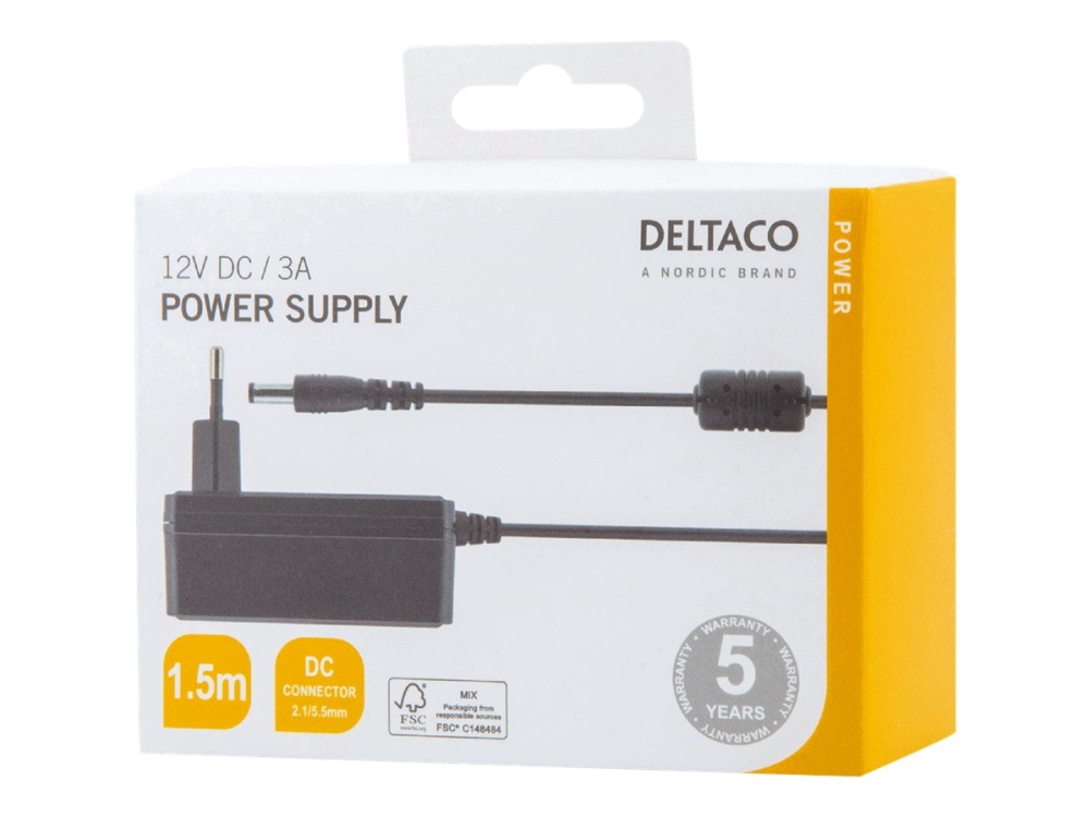 DELTACO Nätadapter, 100-240V AC 50-60Hz till 12V DC, 3A, 1.5m - Svart