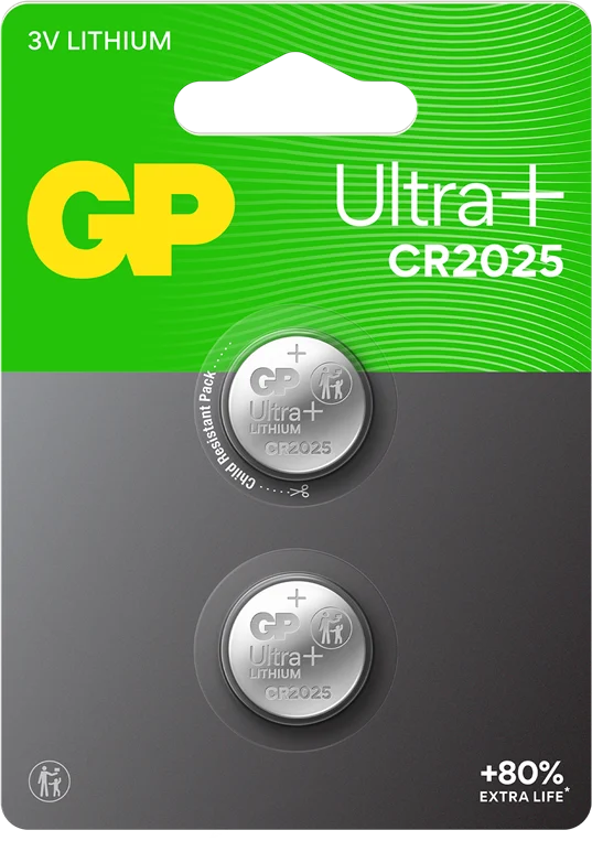 GP Ultra Plus Lithium Cell Battery CR2025, 3V (2-pack)
