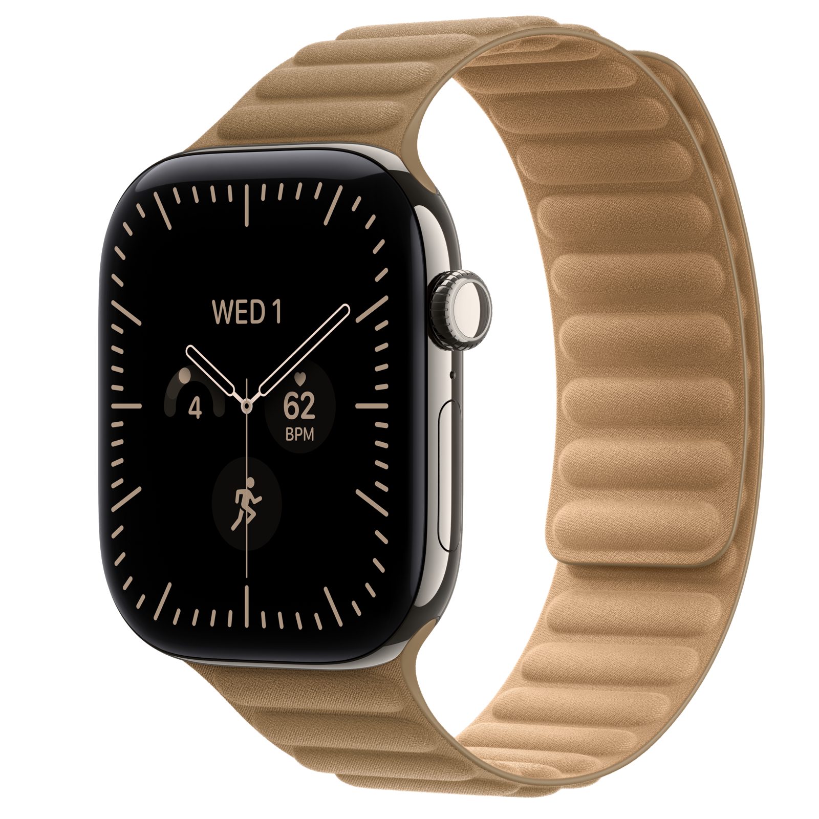 Apple Watch Series 12 (GPS + Cellular) • Titanboett naturlig, 46 mm • Magnetlänk kamelbrun