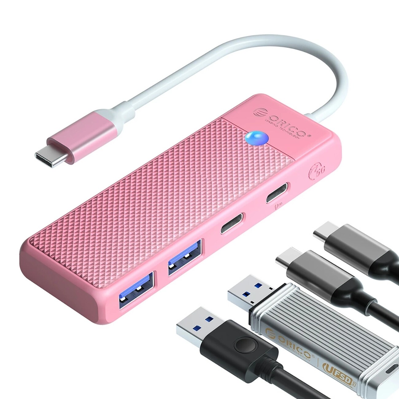 Orico PAPW2AC-C3-C3 USB-hubb 4 portar: 2x USB-A 3.0, 1x USB-C 3.0, USB-C PD 100 W, 0,15 m rosa, bild 2
