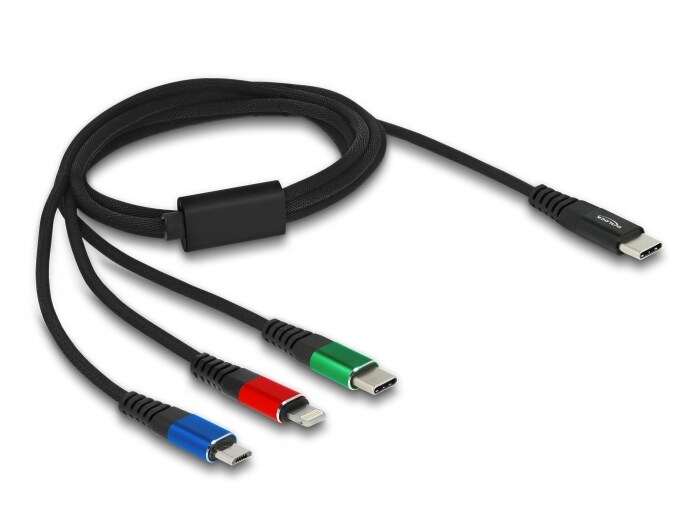 USB-C laddningskabel DeLOCK 3-i-1 till Lightning / Micro USB / USB-C, 15W, 1 meter - Svart, bild 2