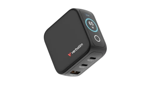 AC-adapter Verbatim Mini GaN Charger 65W with Display, 2xUSB-C / 1xUSB-A, inkl. reseadapter EU/UK/US, bild 3