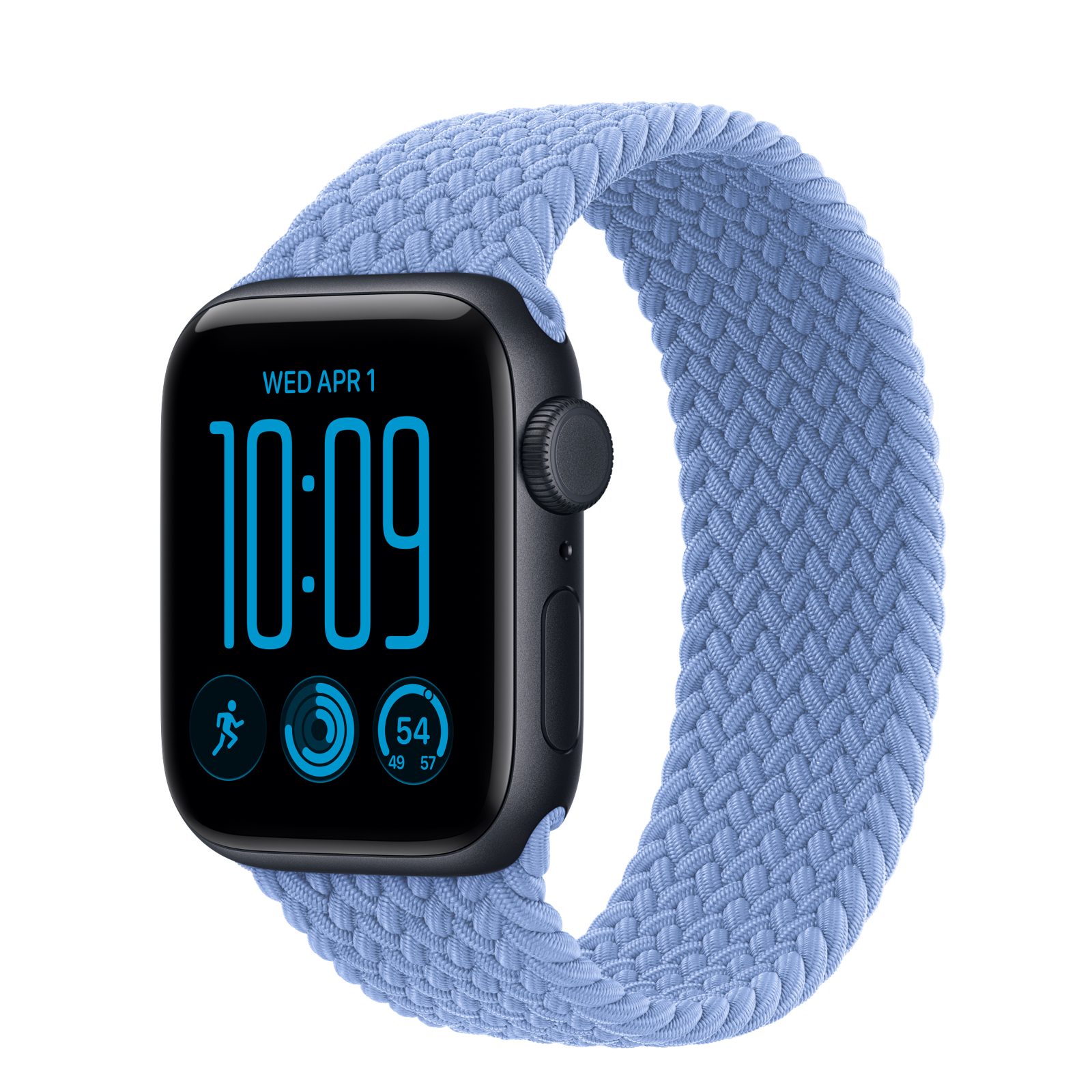 Apple Watch SE 3 (GPS + Cellular) • Aluminiumboett midnatt, 40 mm • Flätad sololoop ängsblå