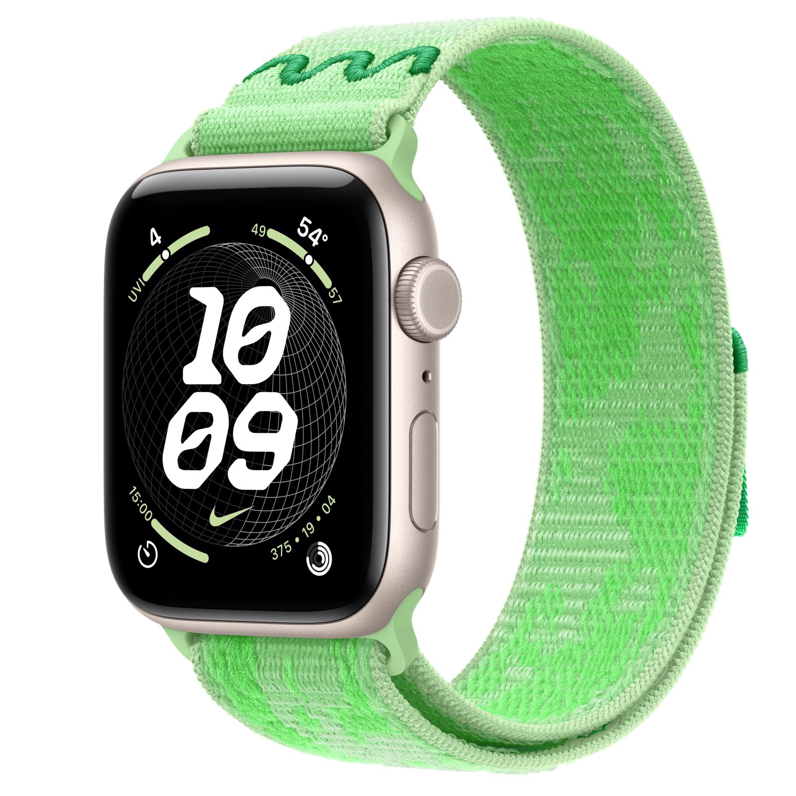 Apple Watch SE 3 (GPS + Cellular) • Aluminiumboett stjärnglans, 44 mm • Nike-sportloop i Green Spark