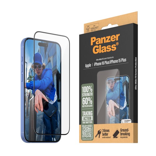 PanzerGlass iPhone 16 Plus/15 Plus skärmskydd Ultra-Wide Fit med applikator