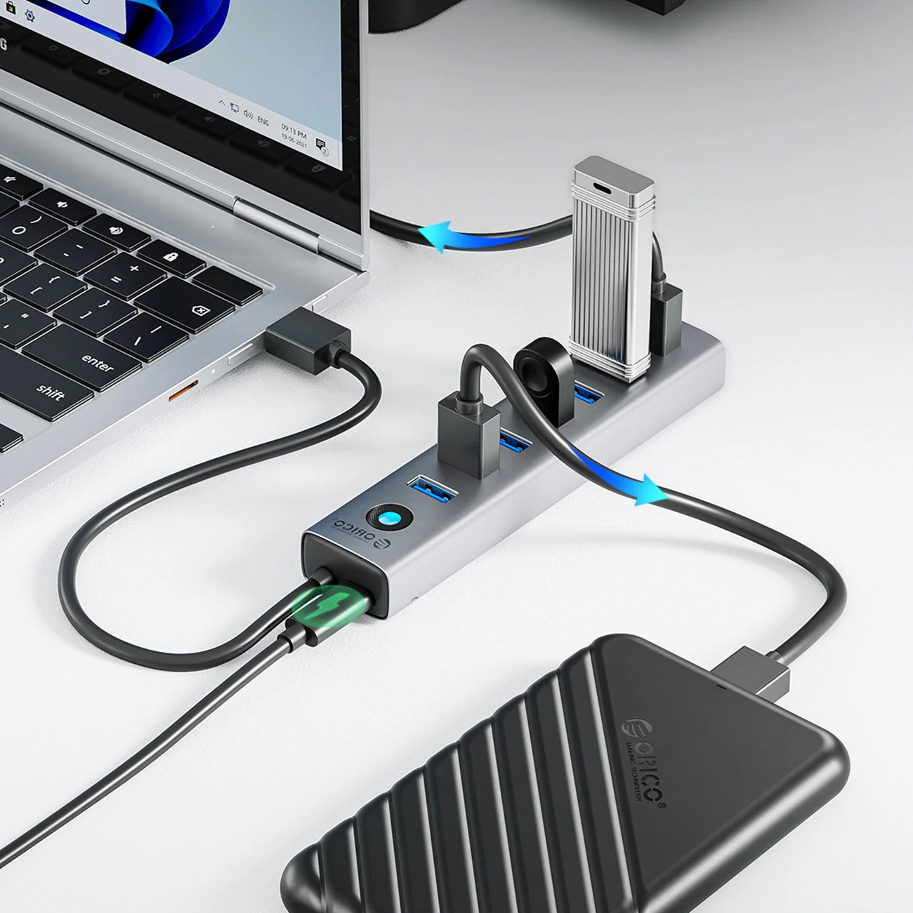 Orico USB-A Hub 7x USB-A 3.0 / USB-C 5V-3A, 1m - Grå, bild 4
