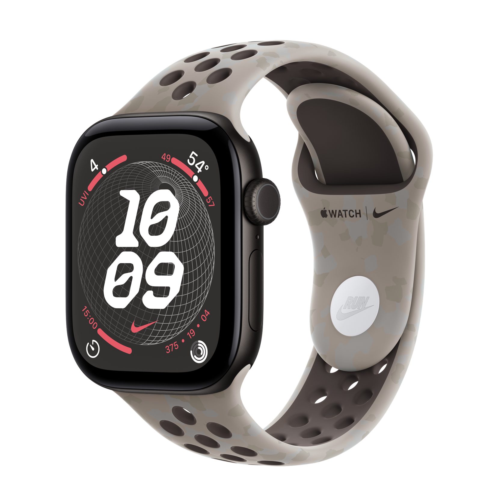 Apple Watch Series 12 (GPS) • Aluminiumboett svart, 42 mm • Nike-sportband i Pavement Grey