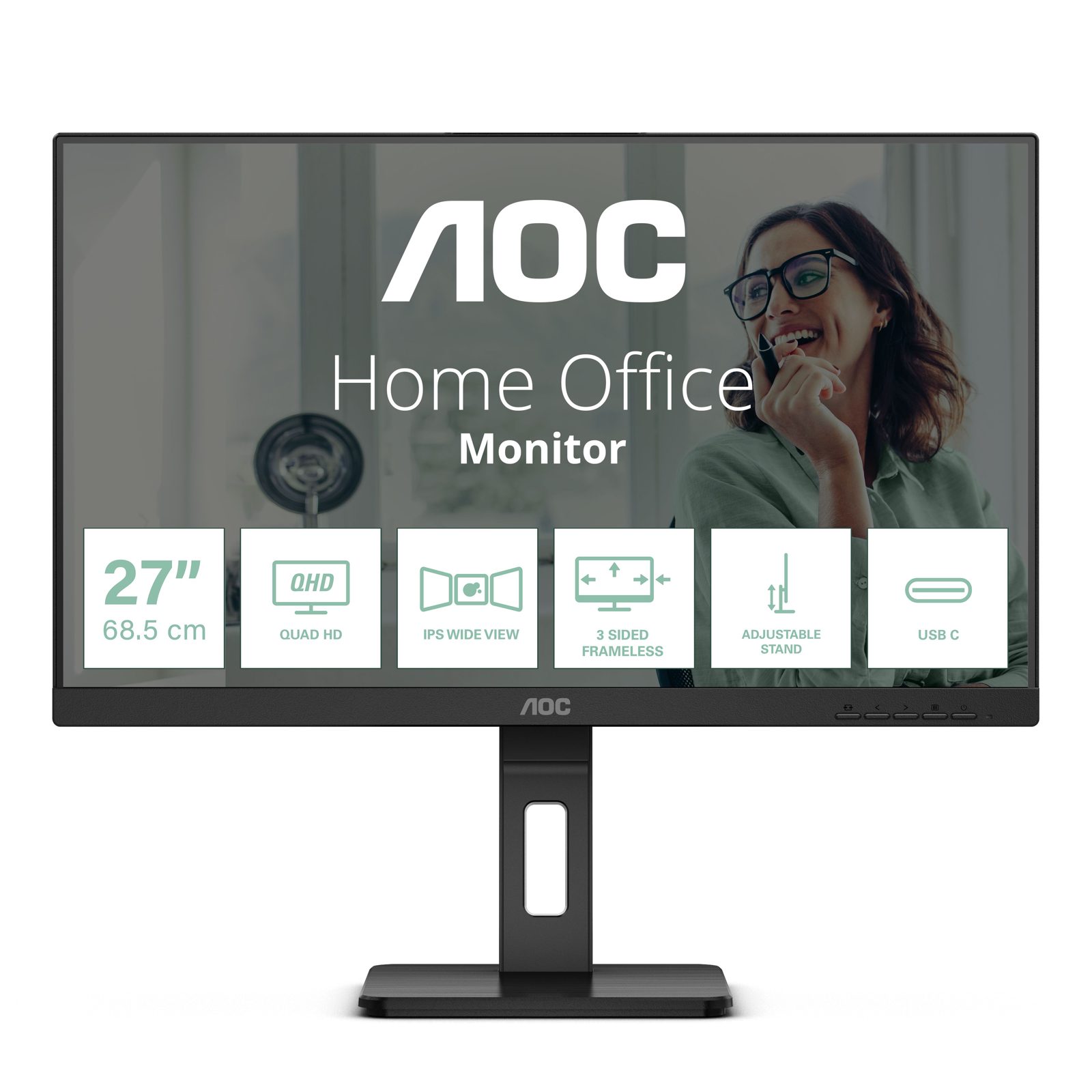 27" AOC Q27P3CV, IPS 2560x1440, 4 ms, 75Hz, höjdjusterbar, pivot, 2xHDMI/DP/USB-C 65W, LAN, högtalare, USB 3.2-hubb