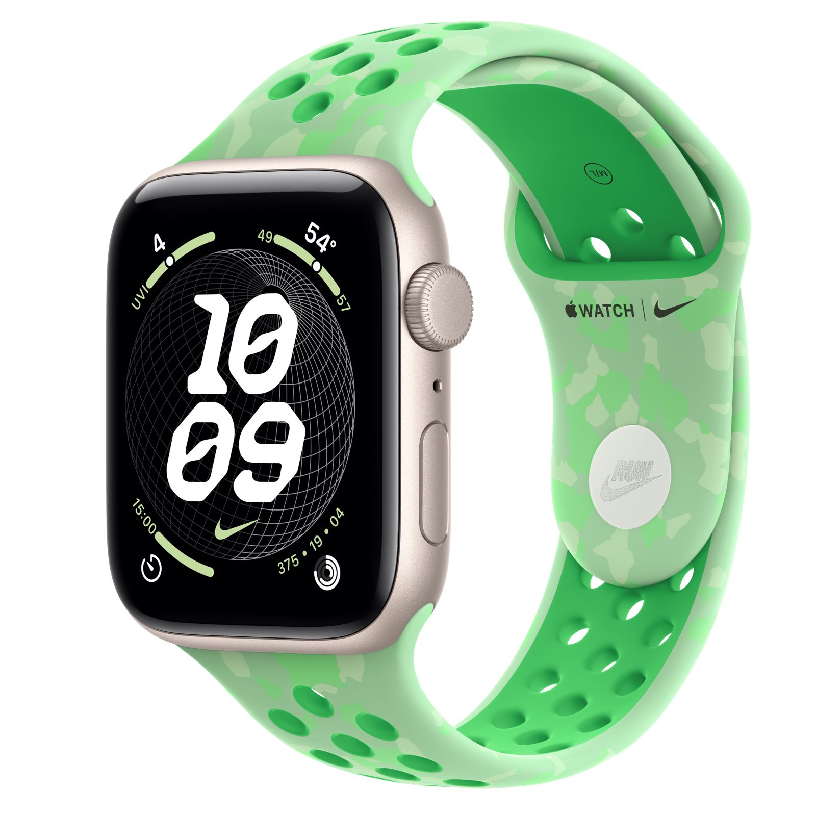 Apple Watch SE 3 (GPS) • Aluminiumboett stjärnglans, 44 mm • Nike-sportband i Green Spark