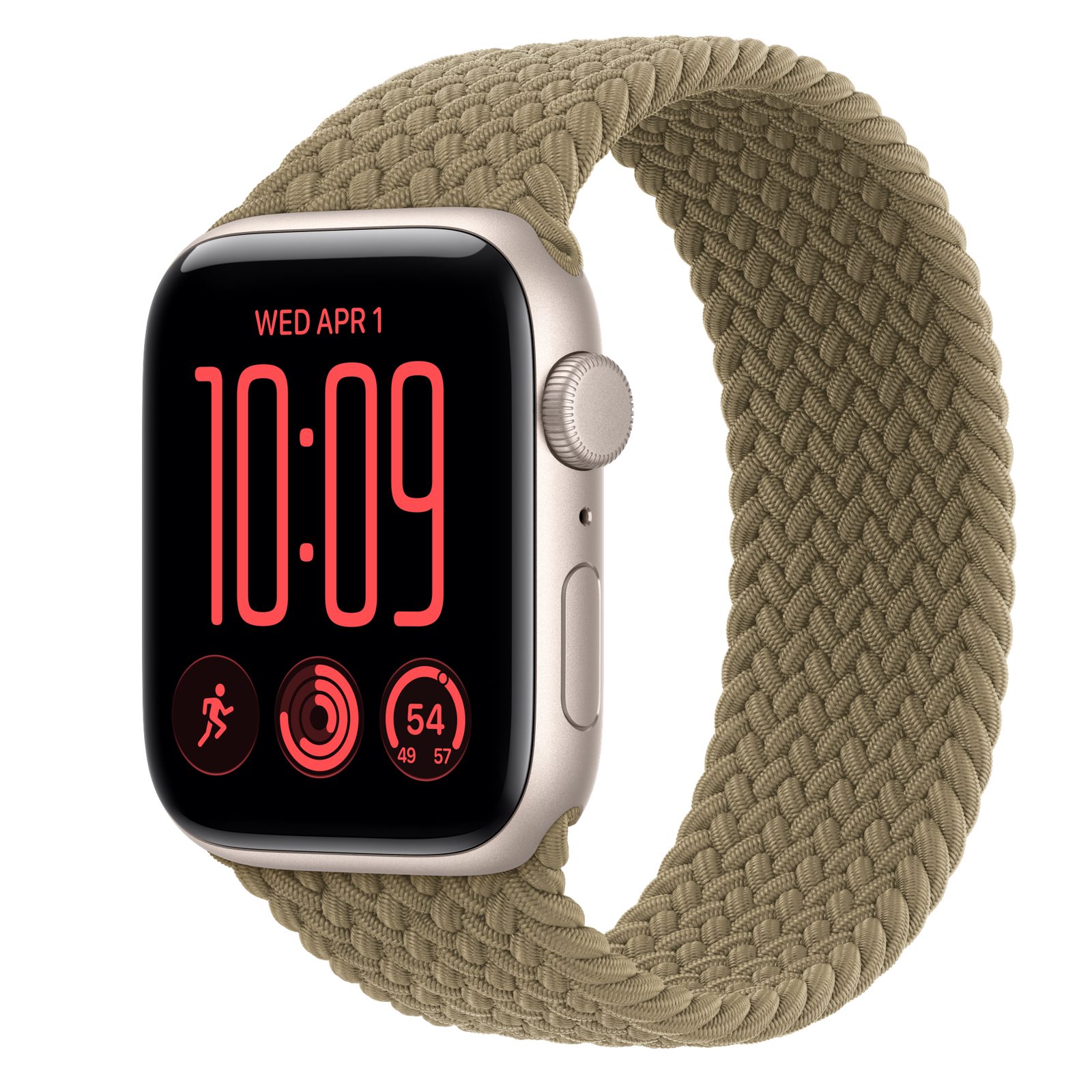 Apple Watch SE 3 (GPS) • Aluminiumboett stjärnglans, 44 mm • Flätad sololoop oliv