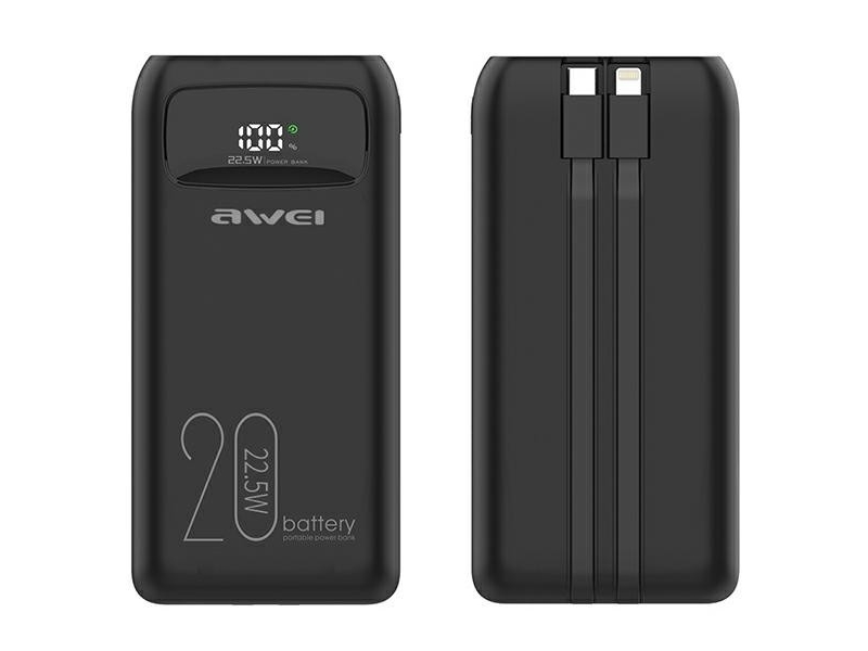 Powerbank Awei AWEI PowerBank P169K 20000mAh 22.5W svart, display + PD/Lightning-kabel