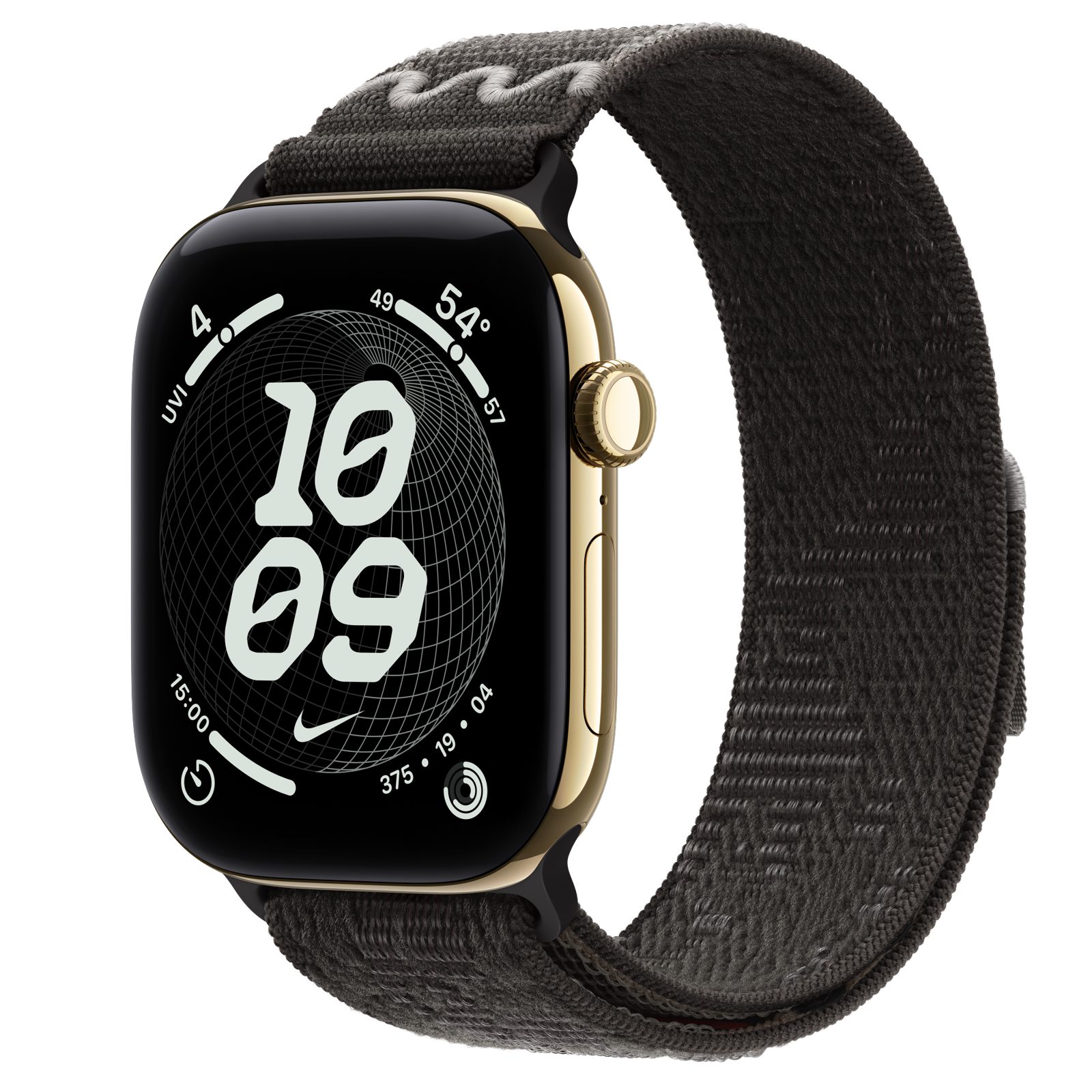 Apple Watch Series 12 (GPS + Cellular) • Titanboett skinande guld, 46 mm • Nike-sportloop i After Dark Black