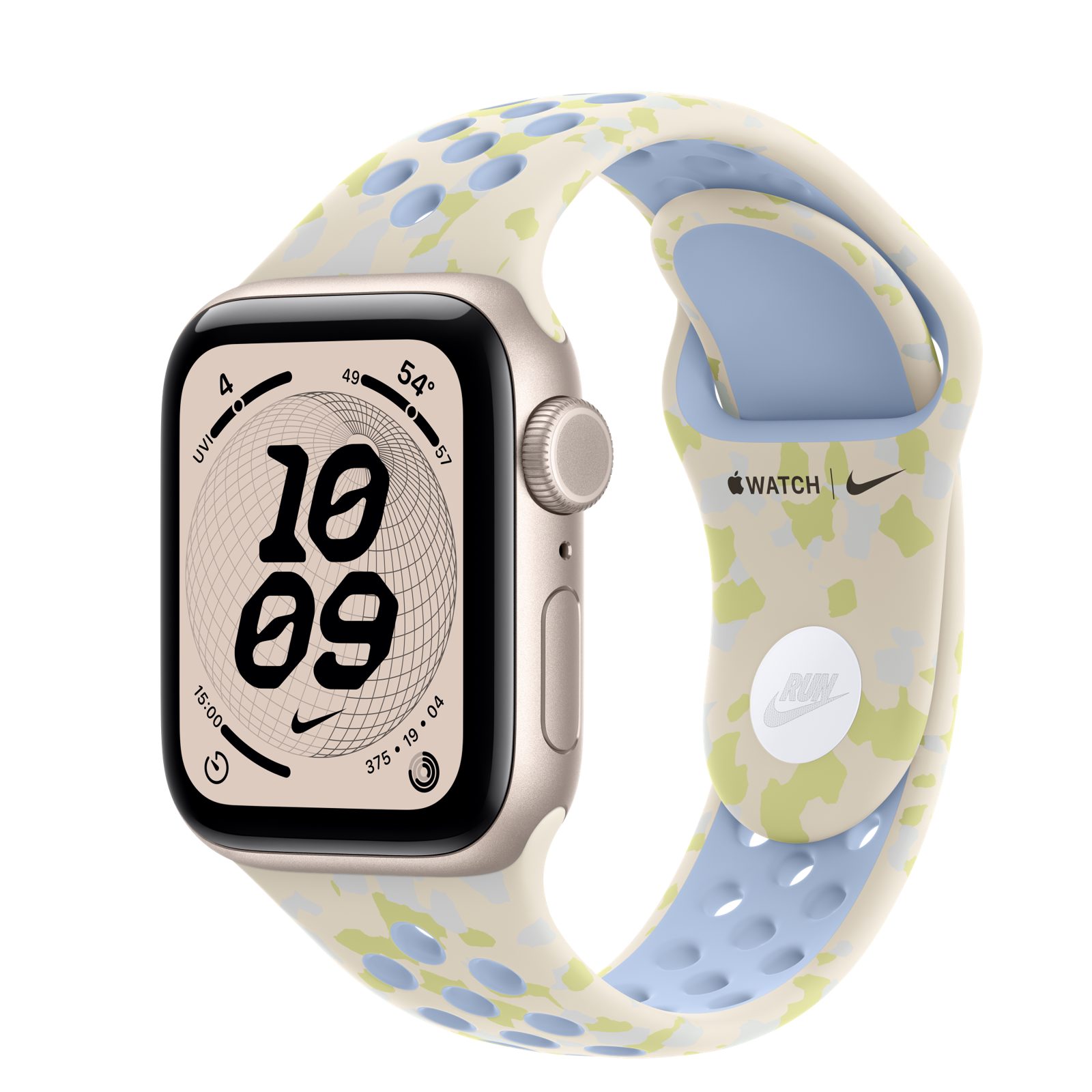 Apple Watch SE 3 (GPS + Cellular) • Aluminiumboett stjärnglans, 40 mm • Nike-sportband i Chalk Calm